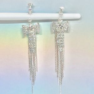 ❤️ Bling Bow Dangle Silver Plated Clip On Earrings